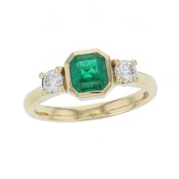 alternative engagement ring, 18ct yellow gold, round brilliant cut diamond & octagon cut emerald trilogy ring designer three stone dress ring handmade by Faller, hand crafted, precious jewellery, jewelry, ladies , woman