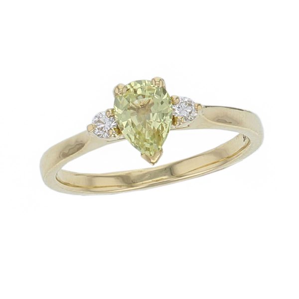alternative engagement ring, 18ct yellow gold round brilliant cut diamond & pear cut green sapphire trilogy ring designer three stone dress ring handmade by Faller, hand crafted, precious jewellery, jewelry, ladies , woman