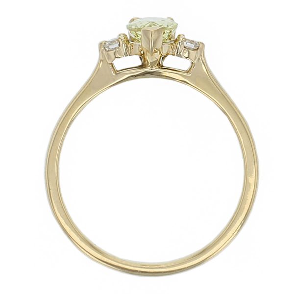 alternative engagement ring, 18ct yellow gold round brilliant cut diamond & pear cut green sapphire trilogy ring designer three stone dress ring handmade by Faller, hand crafted, precious jewellery, jewelry, ladies , woman