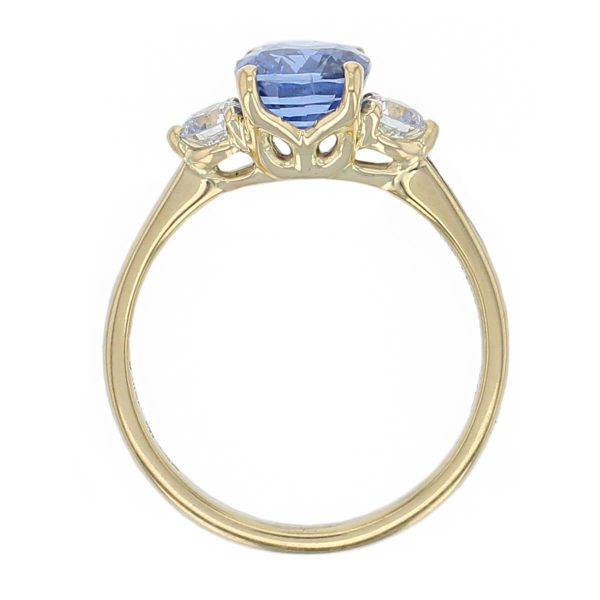 alternative engagement ring, 18ct yellow gold round brilliant cut diamond & cushion cut blue sapphire trilogy ring designer three stone dress ring handmade by Faller, hand crafted, precious jewellery, jewelry, ladies , woman