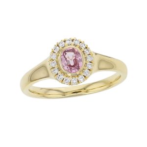 18ct yellow gold oval cut pink sapphire gemstone & diamond dress ring, designer jewellery, organic gem, jewelry, handmade by Faller, Londonderry, Northern Ireland, Irish hand crafted, claw set, rim set