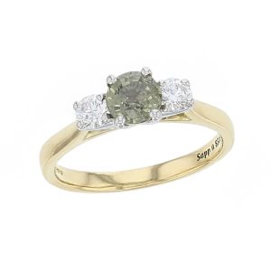18ct yellow gold & platinum, round brilliant cut diamond & round cut green brown sapphire trilogy ring designer three stone dress ring handmade by Faller, hand crafted, precious jewellery, jewelry, ladies , woman