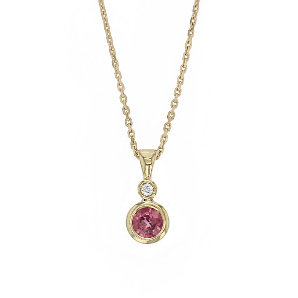 pink sapphire & diamond 18ct yellow gold ladies pendant with chain, 18kt, designer, handmade by Faller, Derry/ Londonderry, hand crafted, precious jewellery, september birthstone, jewelry