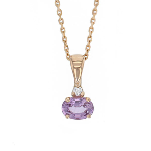 pink sapphire & diamond 18ct rose gold ladies pendant with chain, 18kt, designer, handmade by Faller, Derry/ Londonderry, hand crafted, precious jewellery, september birthstone, jewelry