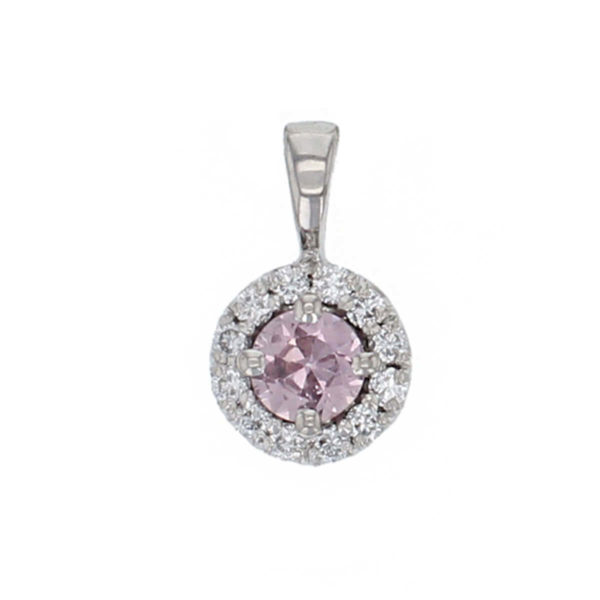 Faller round cut pink sapphire gemstone & diamond halo 18ct white gold ladies pendant with chain, 18kt, designer, handmade by Faller, Derry/ Londonderry, hand crafted, precious jewellery, jewelry