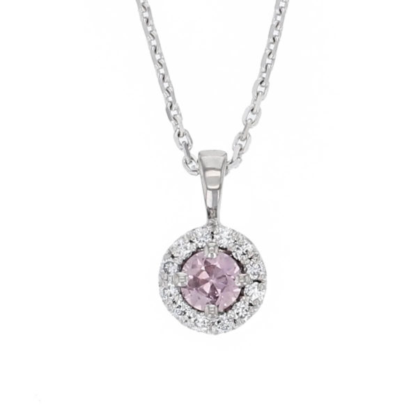 Faller round cut pink sapphire gemstone & diamond halo 18ct white gold ladies pendant with chain, 18kt, designer, handmade by Faller, Derry/ Londonderry, hand crafted, precious jewellery, jewelry