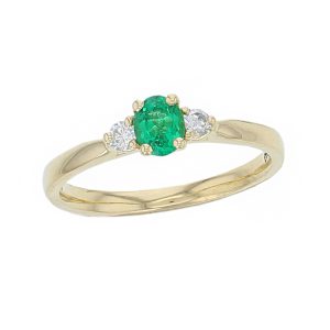 18ct yellow gold, round brilliant cut diamond & oval cut emerald trilogy ring designer three stone dress ring handmade by Faller, hand crafted, precious jewellery, jewelry, ladies , woman