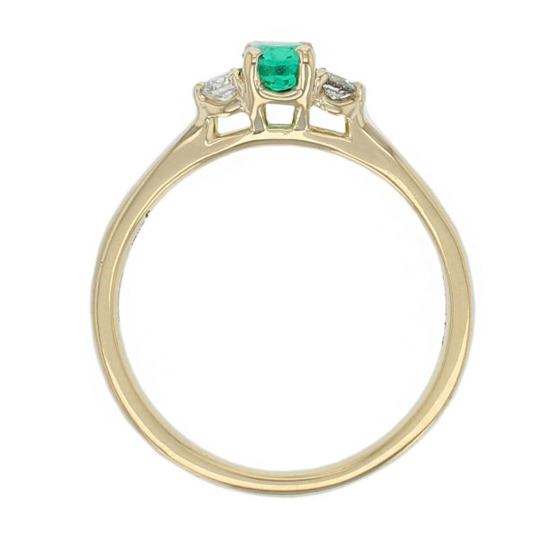 18ct yellow gold, round brilliant cut diamond & oval cut emerald trilogy ring designer three stone dress ring handmade by Faller, hand crafted, precious jewellery, jewelry, ladies , woman