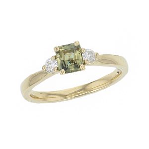 alternative engagement ring, 18ct yellow gold round brilliant cut diamond & octagon cut green sapphire trilogy ring designer three stone dress ring handmade by Faller, hand crafted, precious jewellery, jewelry, ladies , woman