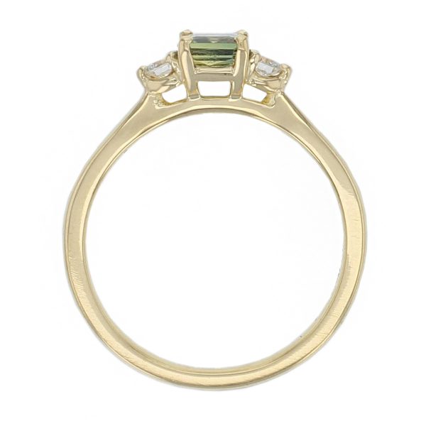 alternative engagement ring, 18ct yellow gold round brilliant cut diamond & octogan cut green sapphire trilogy ring designer three stone dress ring handmade by Faller, hand crafted, precious jewellery, jewelry, ladies , woman