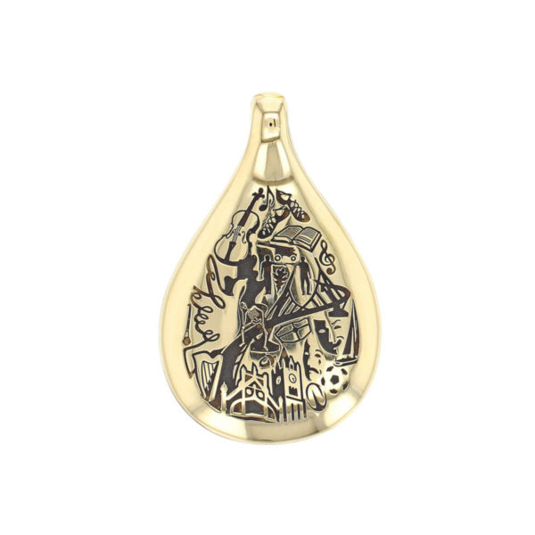 Faller Drop of Derry, Londonderry, Northern Ireland, culture, heritage, historical, peace bridge, guildhall, music, pendant, 18ct yellow gold