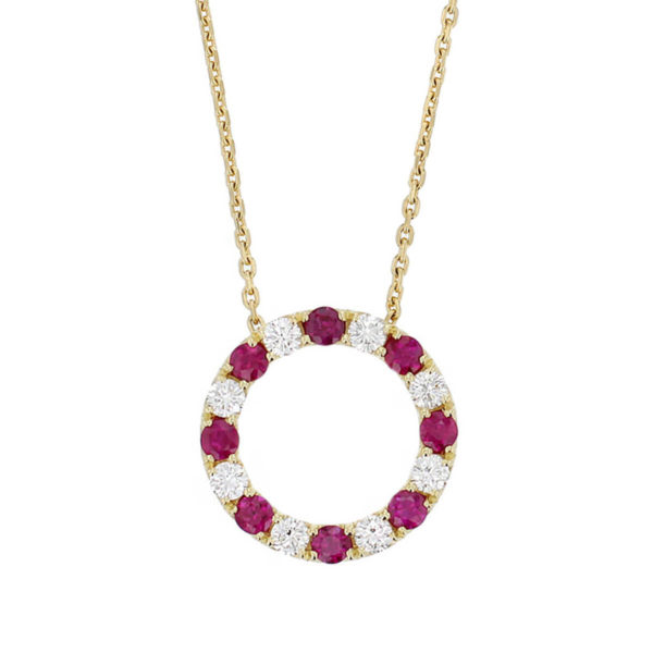 Faller Eternal Circle, round brilliant cut diamond ruby halo 18ct yellow gold ladies pendant with chain symbol of everlasting love, eternal circle of life, wedding anniversary, celebrate birth, 18kt, designer, handmade by Faller, Derry/ Londonderry, hand crafted, precious jewellery, jewelry, red