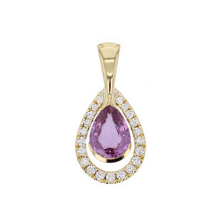 Faller pear cut pink sapphire gemstone & diamond halo 18ct yellow gold ladies pendant with chain, 18kt, designer, handmade by Faller, Derry/ Londonderry, hand crafted, precious jewellery, jewelry