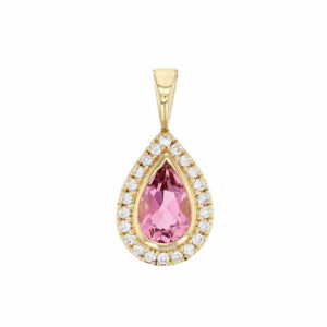 Faller pear cut pink tourmaline gemstone & diamond halo 18ct yellow gold ladies pendant with chain, 18kt, designer, handmade by Faller, Derry/ Londonderry, hand crafted, precious jewellery, jewelry