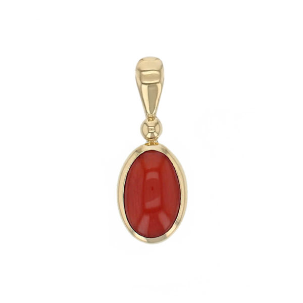 Faller oval cut cabochon coral gemstone 18ct yellow gold ladies pendant with chain, 18kt, designer, handmade by Faller, Derry/ Londonderry, hand crafted, precious coral jewellery, jewelry, organic gem
