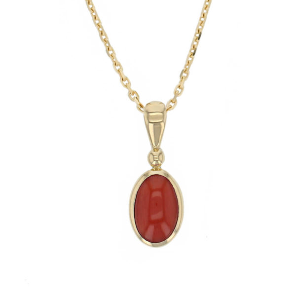Faller oval cut cabochon coral gemstone 18ct yellow gold ladies pendant with chain, 18kt, designer, handmade by Faller, Derry/ Londonderry, hand crafted, precious coral jewellery, jewelry, organic gem