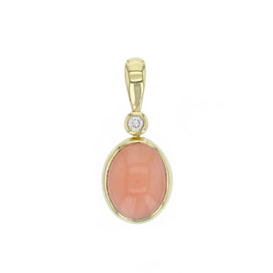 Faller oval cut cabochon pink coral gemstone & diamond 18ct yellow gold ladies pendant with chain, 18kt, designer, handmade by Faller, Derry/ Londonderry, hand crafted, precious coral gem jewellery, jewelry