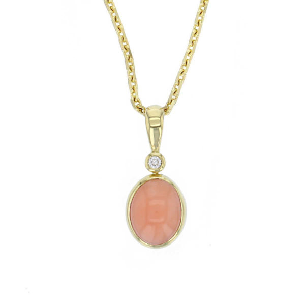 Faller oval cut cabochon pink coral gemstone & diamond 18ct yellow gold ladies pendant with chain, 18kt, designer, handmade by Faller, Derry/ Londonderry, hand crafted, precious coral gem jewellery, jewelry