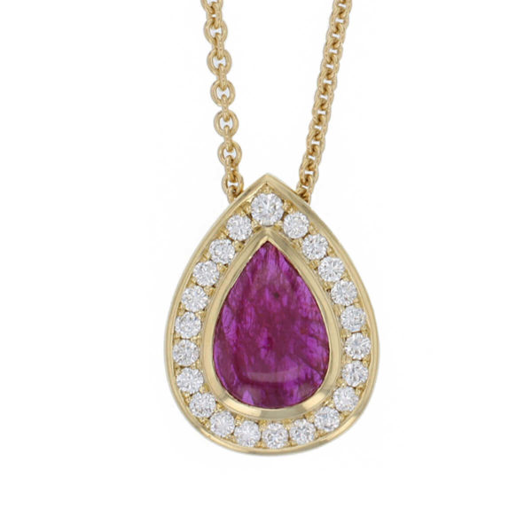 18ct yellow gold ladies pear cut ruby & diamond designer cluster pendant designed & hand crafted by Faller of Derry/ Londonderry, halo pendant, precious red gem jewellery, jewelry,