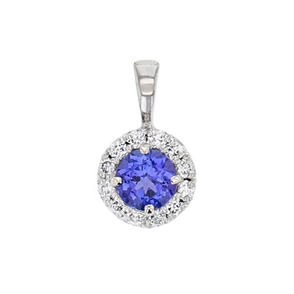 Faller round cut blue sapphire gemstone & diamond halo 18ct white gold ladies pendant with chain, 18kt, designer, handmade by Faller, Derry/ Londonderry, hand crafted, precious jewellery, jewelry