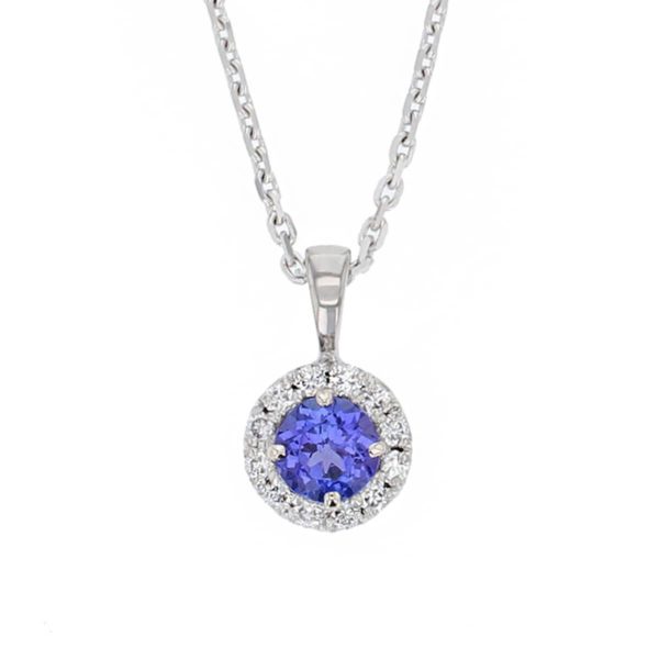 Faller round cut blue sapphire gemstone & diamond halo 18ct white gold ladies pendant with chain, 18kt, designer, handmade by Faller, Derry/ Londonderry, hand crafted, precious jewellery, jewelry