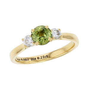 alternative engagement ring, 18ct yellow gold round brilliant cut diamond & round cut green sapphire trilogy ring designer three stone dress ring handmade by Faller, hand crafted, precious jewellery, jewelry, ladies , woman