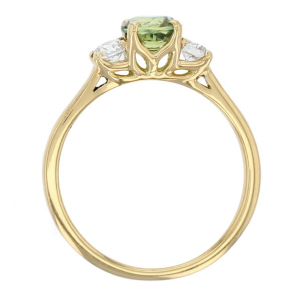 alternative engagement ring, 18ct yellow gold round brilliant cut diamond & round cut green sapphire trilogy ring designer three stone dress ring handmade by Faller, hand crafted, precious jewellery, jewelry, ladies , woman