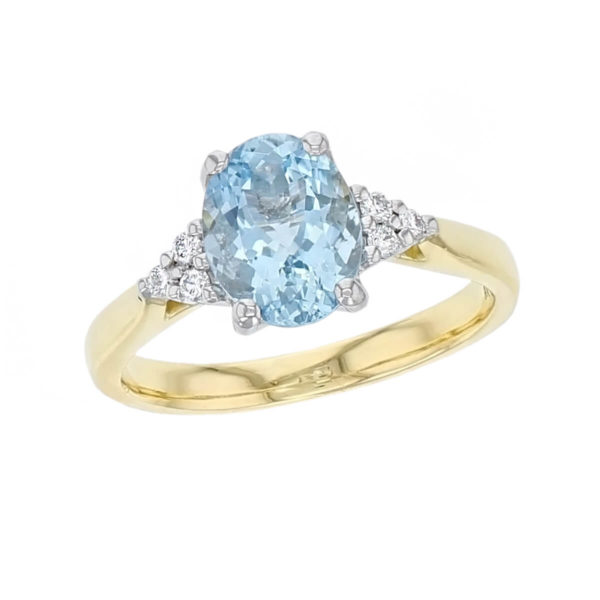 aquamarine, diamond 18ct yellow gold. platinum shoulder set ring