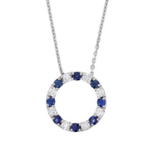Faller Eternal Circle, round brilliant cut diamond sapphire halo 18ct white gold ladies pendant with chain symbol of everlasting love, eternal circle of life, wedding anniversary, celebrate birth, 18kt, designer, handmade by Faller, Derry/ Londonderry, hand crafted, precious jewellery, jewelry, blue