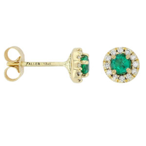Faller emerald & diamond halo studs, 18ct yellow gold ladies earrings, wedding anniversary, 18kt, designer, handmade by Faller, Derry/ Londonderry, hand crafted, precious green gem jewellery, jewelry