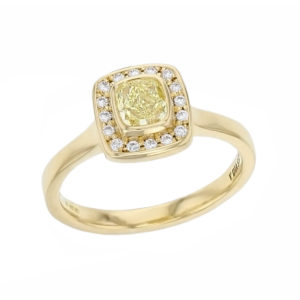 cushion cut yellow diamond multi-stone halo shoulder set engagement ring, 18ct yellow gold, designer, handmade by Faller, hand crafted, betrothal, promise, precious jewellery, jewelry, GIA certified, bridal set, hand crafted, G.I.A. GIA, multistone dress ring