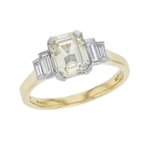alternative engagement ring, 18ct yellow gold & platinum ladies octagon cut yellow sapphire & diamond designer multi stone engagement ring designed & hand crafted by Faller of Derry/ Londonderry, dress ring, precious gem jewellery, jewelry, shoulder set