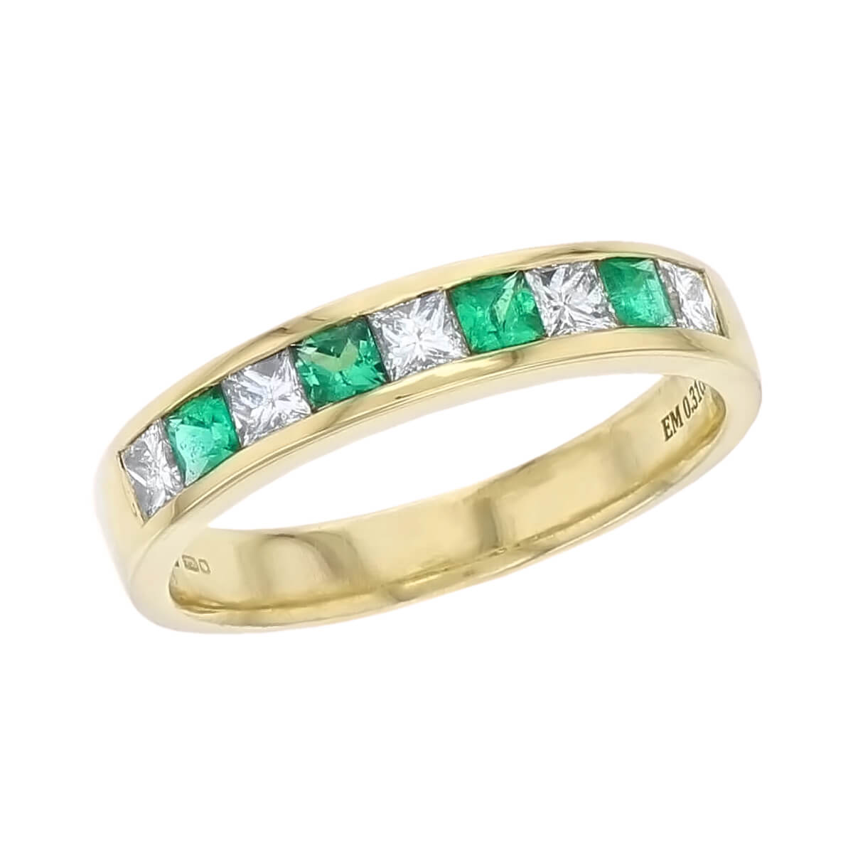 18ct yellow gold princess cut diamond & emerald eternity ring designer dress ring handmade by Faller, hand crafted, precious jewellery, jewelry, ladies, woman