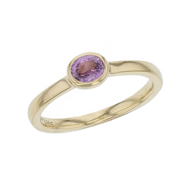 Kandy 18ct yellow gold pink oval cut sapphire gemstone ladies dress ring, designer jewellery, gem, jewelry, handmade by Faller, Londonderry, Northern Ireland, Irish hand crafted, stackable ring