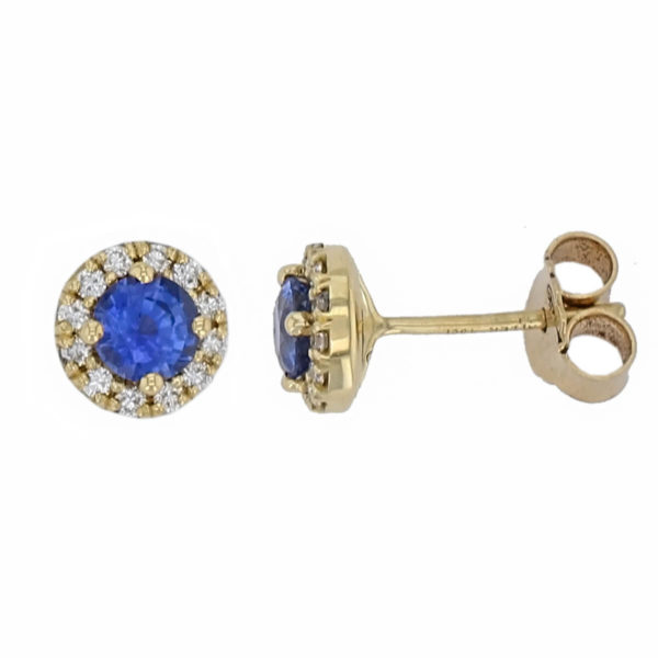Faller sapphire & diamond halo studs, 18ct yellow gold ladies earrings, wedding anniversary, 18kt, designer, handmade by Faller, Derry/ Londonderry, hand crafted, precious blue gem jewellery, jewelry