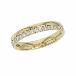 18ct yellow gold diamond set wedding ring, woman’s bridal, diamond eternity ring, personalised engraving, court profile, comfort fit, precious jewellery by Faller of Derry/ Londonderry, jewelry, grain set, claw set, off centre