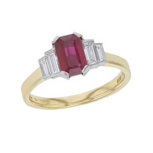alternative engagement ring, platinum, 18ctyellow gold, ladies ring. emerald cut ruby & diamond designer multi stone engagement ring designed & hand crafted by Faller of Derry/ Londonderry, dress ring, precious gem jewellery, jewelry, shoulder set, ruby ring, red gem ring