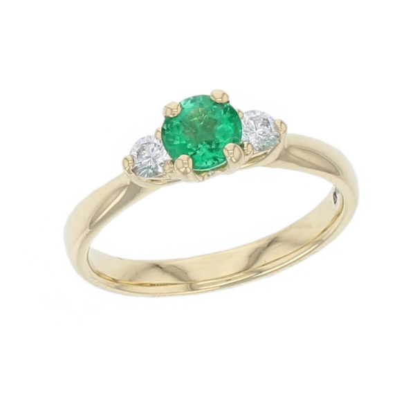 alternative engagement ring, 18ct yellow gold ladies round brilliant cut emerald & diamond designer trilogy engagement ring designed & hand crafted by Faller of Derry/ Londonderry, trilogy dress ring, precious green gem jewellery, jewelry