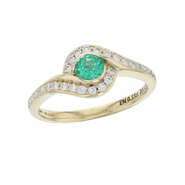 alternative engagement ring, 18ct yellow gold ladies round cut green emerald & diamond designer multi stone twist crossover halo cluster engagement ring designed & hand crafted by Faller of Derry/ Londonderry, dress ring, precious gem jewellery, jewelry, shoulder set