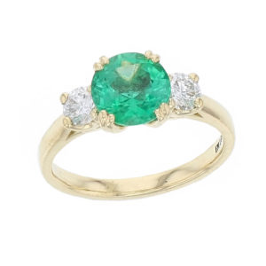 18ct yellow gold, round brilliant cut diamond & emerald trilogy ring designer three stone dress ring handmade by Faller, hand crafted, precious jewellery, jewelry, ladies , woman