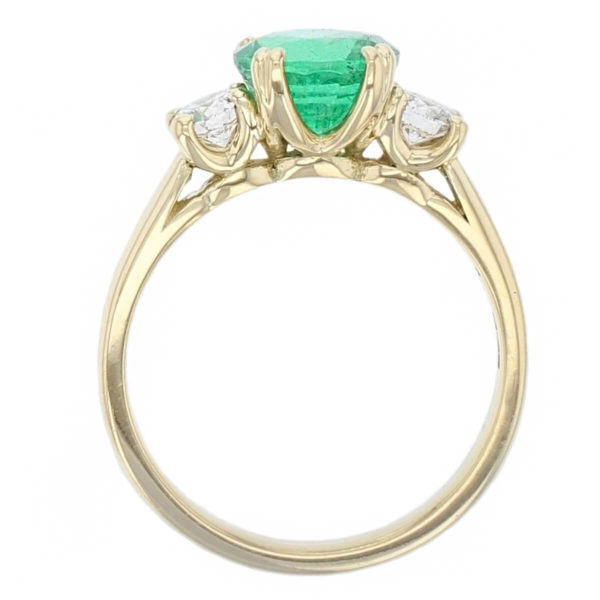 18ct yellow gold, round brilliant cut diamond & emerald trilogy ring designer three stone dress ring handmade by Faller, hand crafted, precious jewellery, jewelry, ladies , woman