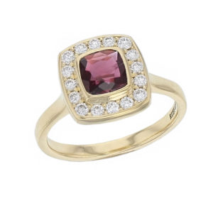 alternative engagement ring, 18ct yellow gold ladies cushion cut red ruby & round brilliant cut diamond designer cluster engagement ring designed & hand crafted by Faller of Derry/ Londonderry, dress ring, precious jewellery, jewelry, gem