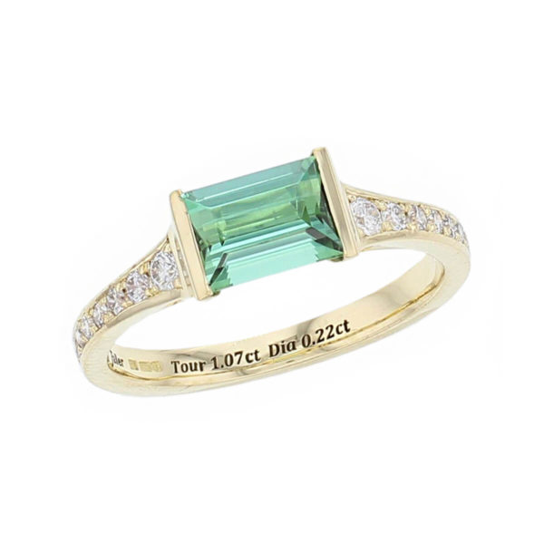 alternative engagement ring, 18ct yellow gold ladies octagon cut green tourmaline & diamond designer shoulder set engagement ring designed & hand crafted by Faller of Derry/ Londonderry, shoulder set dress ring, precious gem jewellery, jewelry