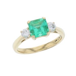 alternative engagement ring, 18ct yellow gold ladies octagon cut emerald & diamond designer trilogy engagement ring designed & hand crafted by Faller of Derry/ Londonderry, trilogy dress ring, precious green gem jewellery, jewelry