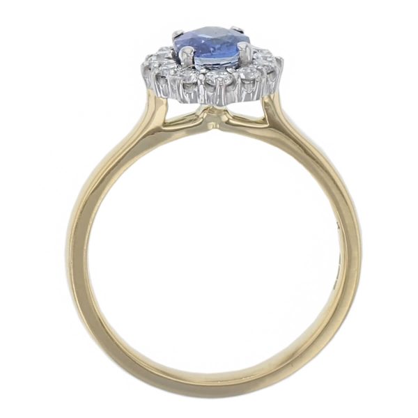 alternative engagement ring, 18ct yellow gold & platinum ladies oval cut blue sapphire & diamond designer cluster engagement ring designed & hand crafted by Faller of Derry/ Londonderry, halo dress ring, precious gem jewellery, jewelry