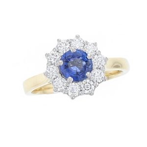 alternative engagement ring, 18ct yellow gold & platinum ladies brilliant cut blue sapphire & diamond designer cluster engagement ring designed & hand crafted by Faller of Derry/ Londonderry, halo dress ring, precious gem jewellery, jewelry