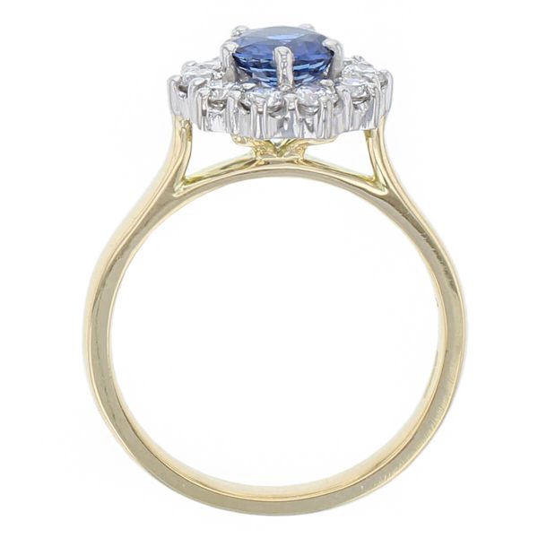 alternative engagement ring, 18ct yellow gold & platinum ladies brilliant cut blue sapphire & diamond designer cluster engagement ring designed & hand crafted by Faller of Derry/ Londonderry, halo dress ring, precious gem jewellery, jewelry