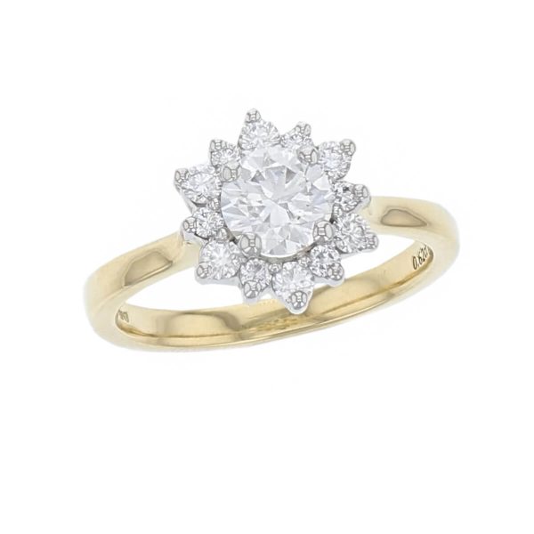 round brilliant cut diamond cluster engagement ring, 18ct yellow gold, platinum, designer, handmade by Faller, hand crafted, betrothal, promise, precious jewellery, jewelry, hand crafted dress ring