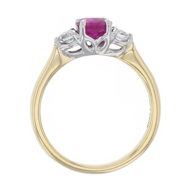 alternative engagement ring, 18ct yellow gold & platinum round brilliant cut diamond & ruby trilogy ring designer three stone dress ring handmade by Faller, hand crafted, precious jewellery, jewelry, ladies , woman