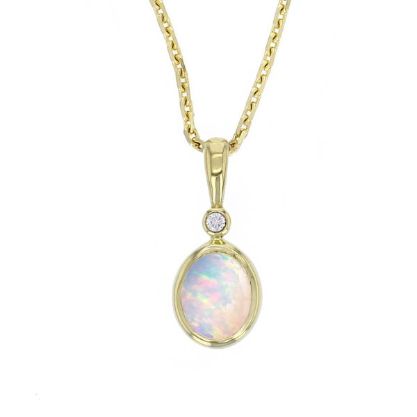 Faller oval cut cabochon opal gemstone & diamond 18ct yellow gold ladies pendant with chain, 18kt, designer, handmade by Faller, Derry/ Londonderry, hand crafted, precious opal gem jewellery, jewelry
